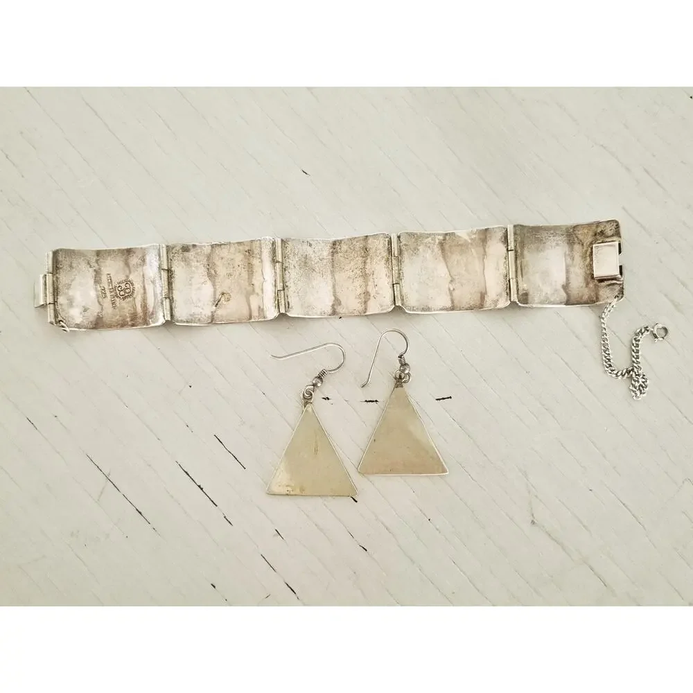 Vintage Sterling Silver Abalone Storyteller Panel Bracelet and Earring Set